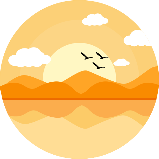 The sun rises beyond a hilly horizon as three birds fly across the sky.